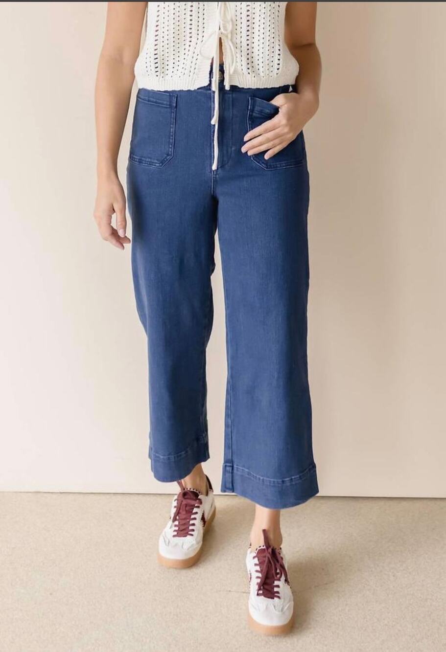 Velvet Heart Blue Wide Leg Cropped Pants Braided Pocket Trim Boho S NWOT